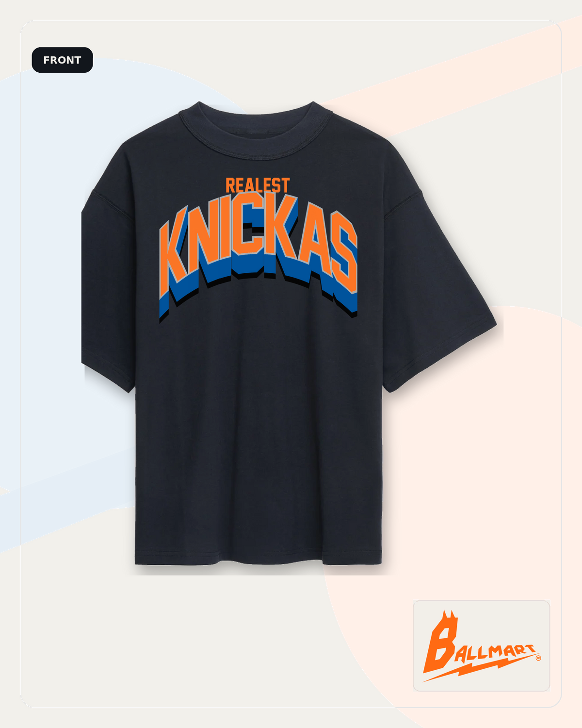 Knickas black T-shirt front artwork with Ballmart branding